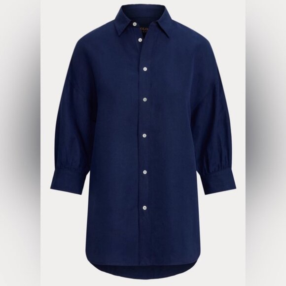 NWT POLO RALPH LAUREN LINEN SILK Blend Navy Relaxed Fit Twill Shirt Size M - Picture 1 of 10
